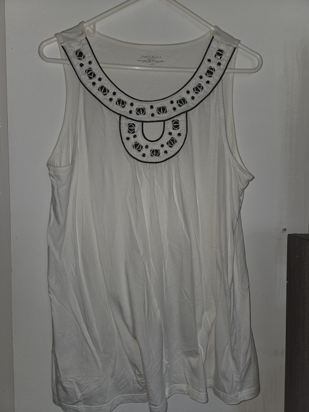 Charter Club White Tank with Black Trim and Cutout Embellishment Rhinestones